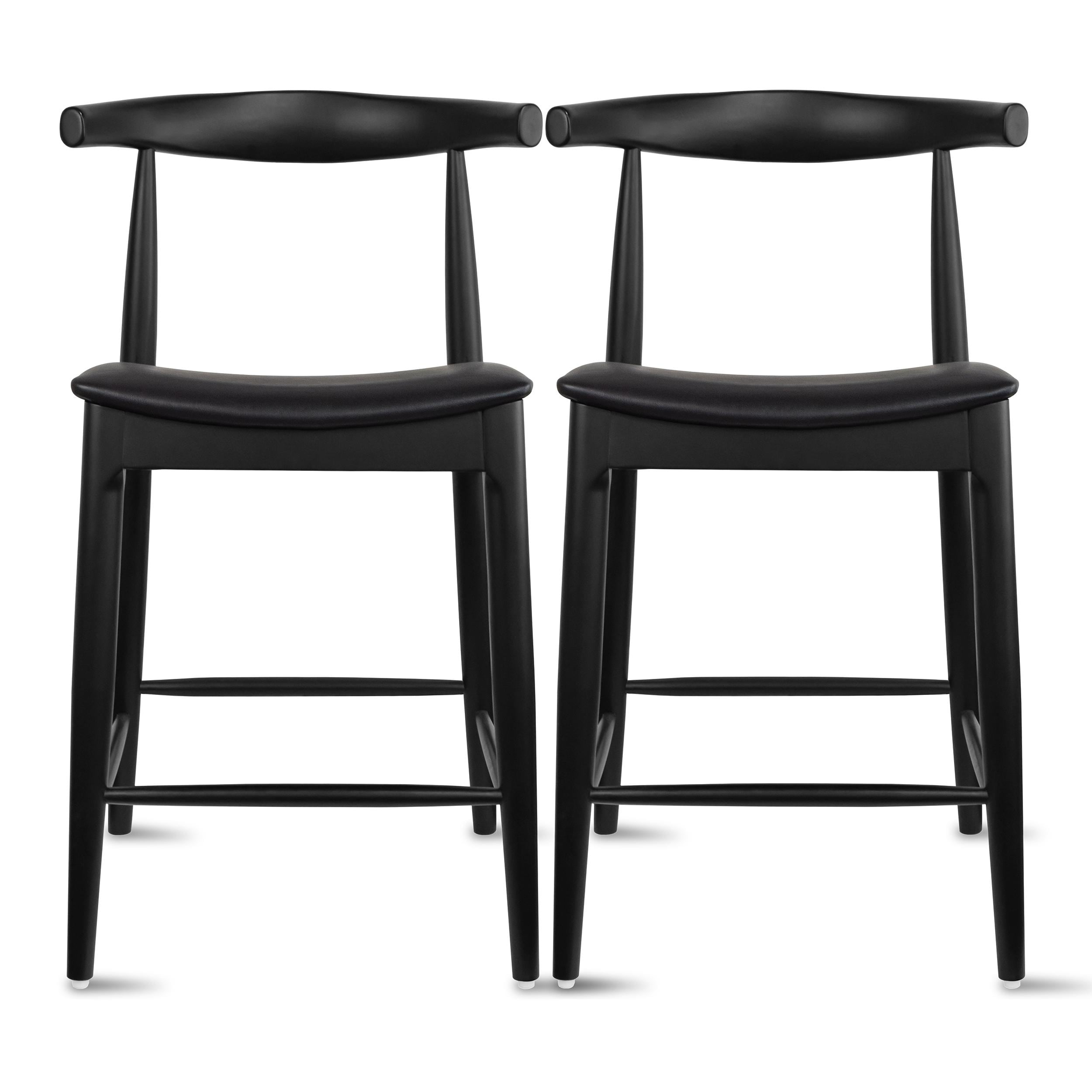 Set of 2 Solid Wood 25" Mid Century Modern Counter Height Bar Stools Barstools With Back Kitchen PU Leather Padded Dining Elbow