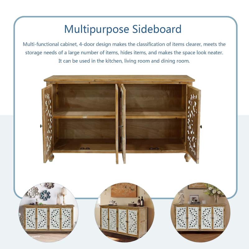 Accent Cabinet with 4 Doors, Sideboard Buffet Cabinet with Storage, Credenza Storage Cabinet with Wood Carved Floral Doors