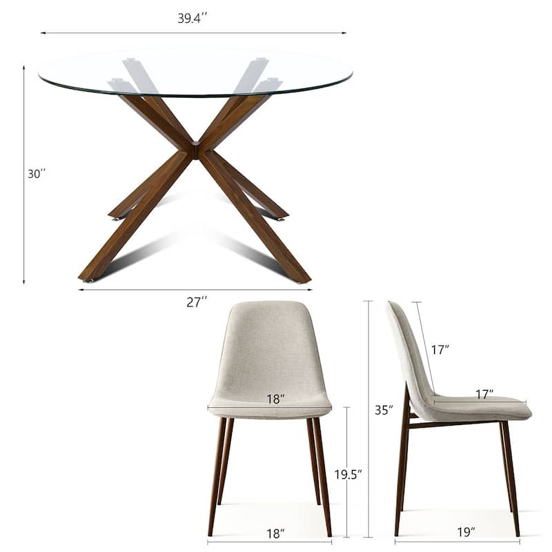 Modern Round Glass Table Set for 4 with Upholstered Dining Chairs