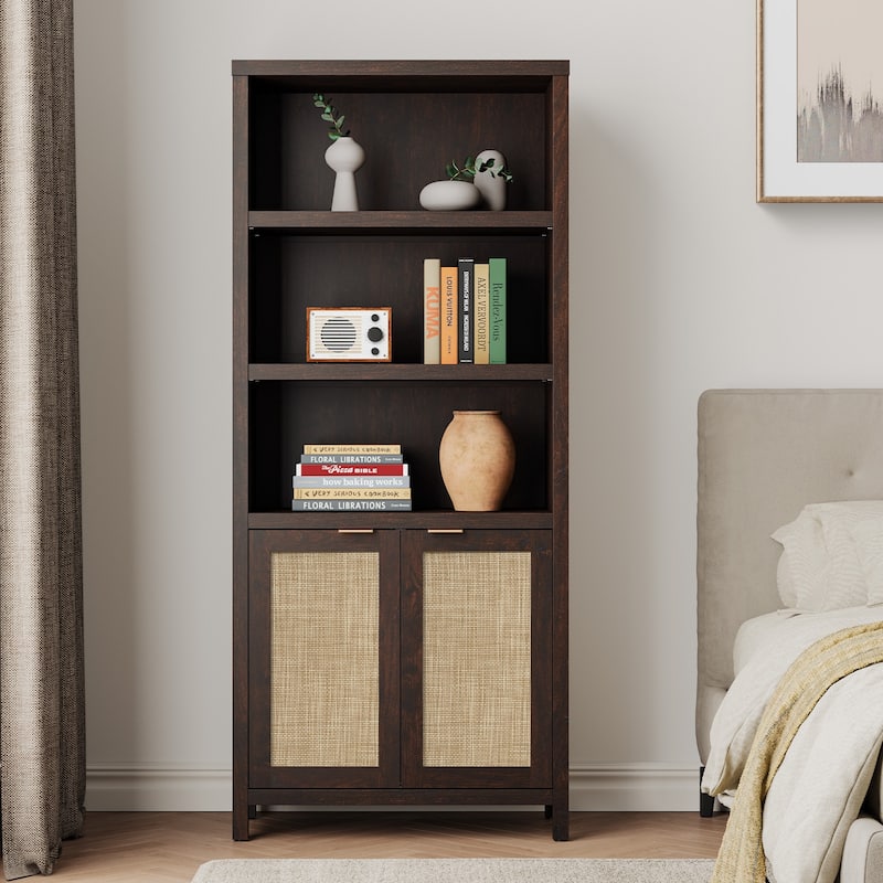 SICOTAS 5 Tier Adjustable Bookcase with Rattan Storage Cabinet