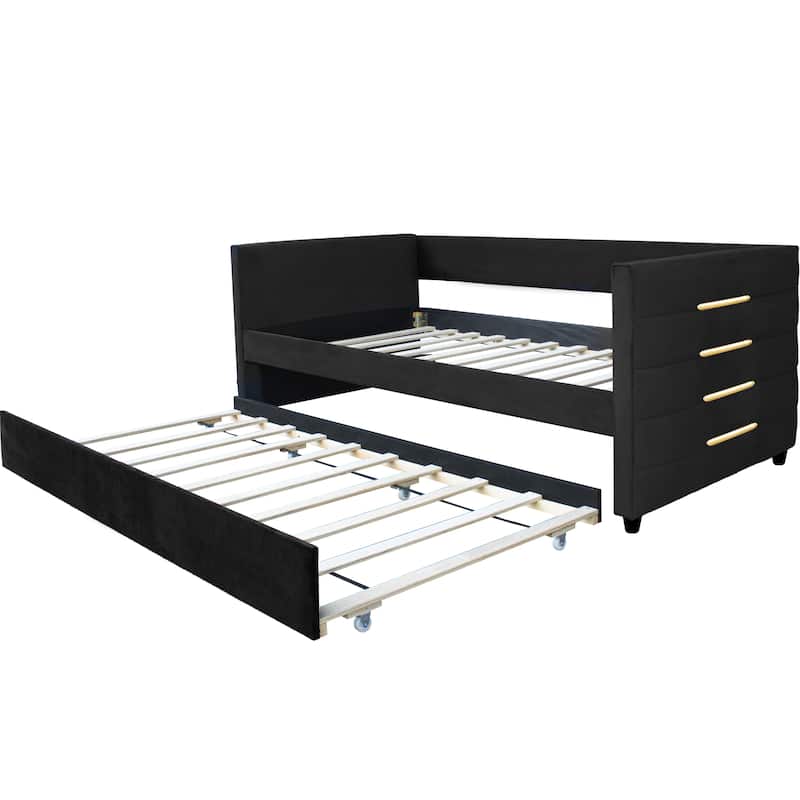 Black Velvet Upholstered Daybed with Gold Accent Strips & Trundle, Twin Sofa Bed for Bedroom, Livingroom, No Box Spring Required