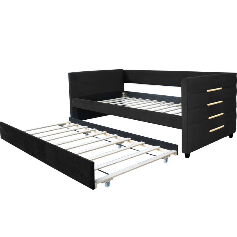 Modern Twin Size Daybed with Trundle, Upholstered Black Velvet Sofa Bed Frame with Gold Accents, Space-Saving Guest Bed