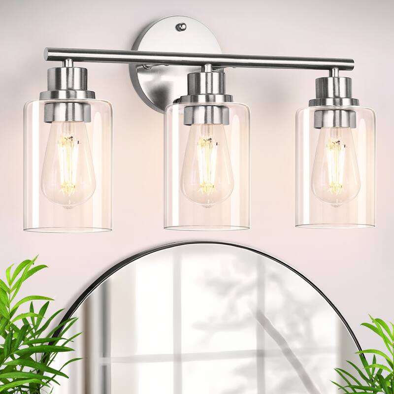 3-Light Brushed Nickel Cylinder Modern Bathroom Vanity Light with Clear Glass Shade,Wall Lamp for Mirror Kitchen Bedroom