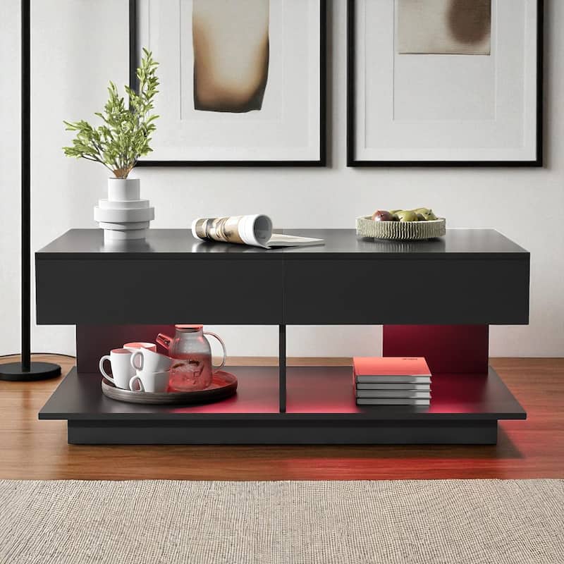 41.3"-76.7" Extendable Coffee Table with Hidden Storage, High Gloss Finish, Multiple Compartments & 16-Color LED Lights - Black