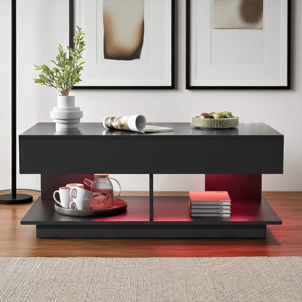 41.3"-76.7" Extendable Coffee Table with Hidden Storage, High Gloss Finish, Multiple Compartments & 16-Color LED Lights