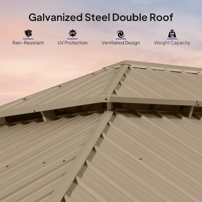 PURPLE LEAF Outdoor Hardtop Gazebo Pro Champagne Metal Frame Galvanized Steel Double Roof with Curtains and Netting for Poolside