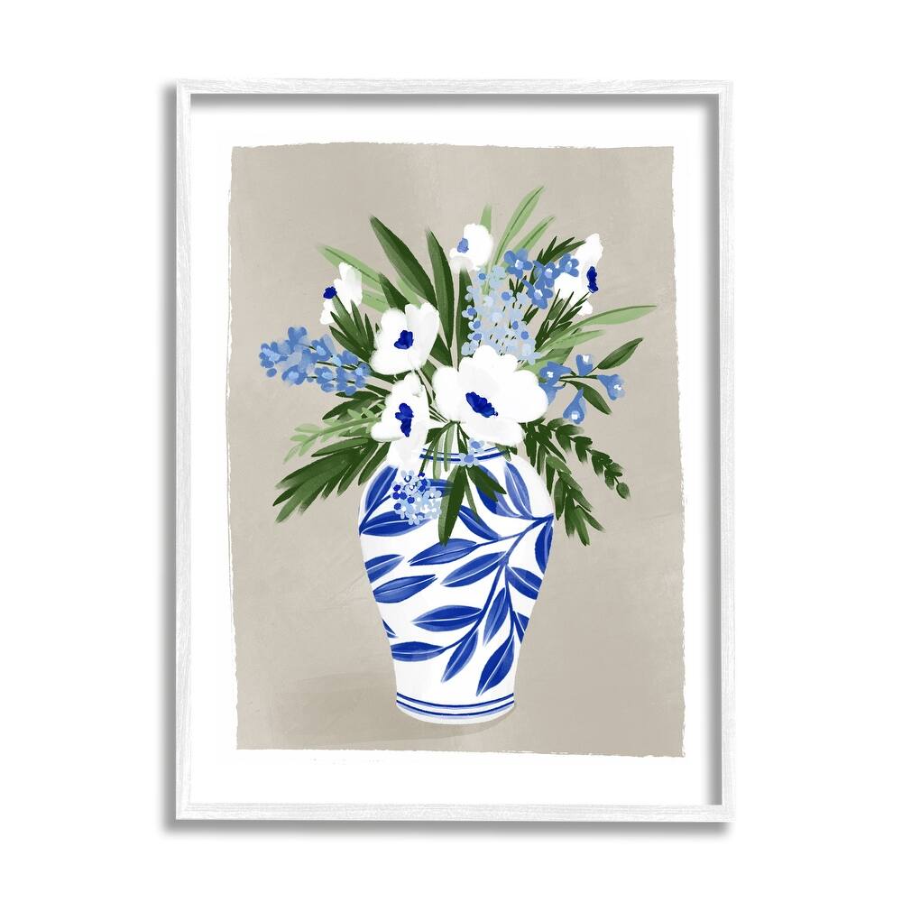 Stupell White Poppies Flower Leaves Traditional Chinoiserie Pattern Vase Framed Wall Art,Design by Doodles.Ink. - Blue