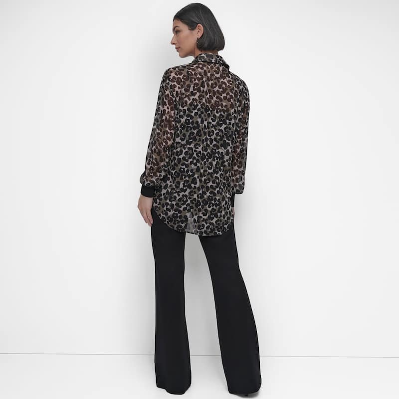 DKNY Lepard Chiffon Button-Down Blouse