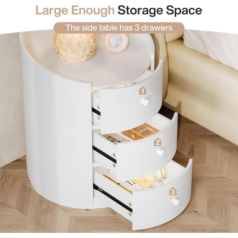White Modern Wood Round Nightstand Bed Side Table with 3 Drawers