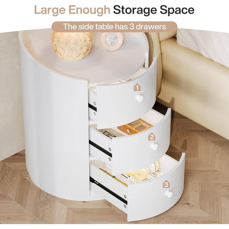 White Round Nightstand, Modern Wood Fully Assembled Bed Side Table with 3 Drawers for Living Room, Bedroom