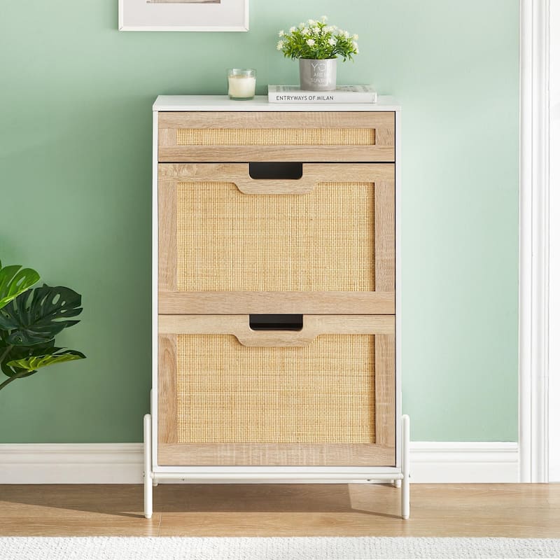 Natural Rattan 2 Flip Door with 1 Drawer Shoe Cabinet Organizer Freestanding, Modern Shoe Rack Storage Organizer - 24x9.4x40.3in