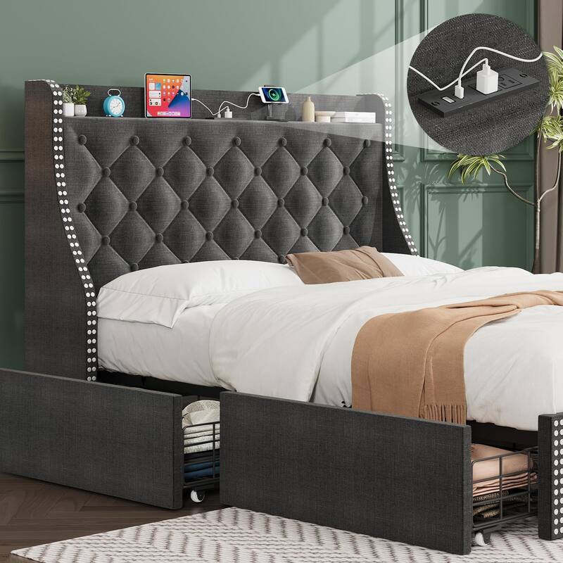 Bed Frame with 4 Storage Drawers and Headboard