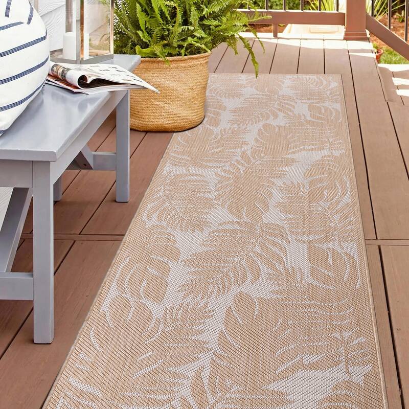 World Rug Gallery Floral Leaves Textured Flat Weave Indoor/Outdoor Area Rug - 2'x7' Runner - Natural