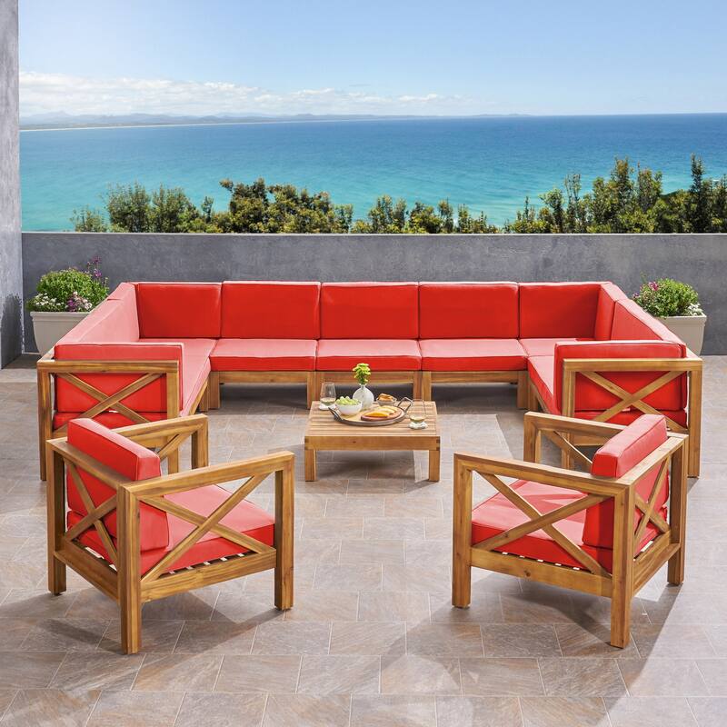 Brava Outdoor 11 Seater Acacia Wood Sectional Sofa and Club Chair Set by Christopher Knight Home