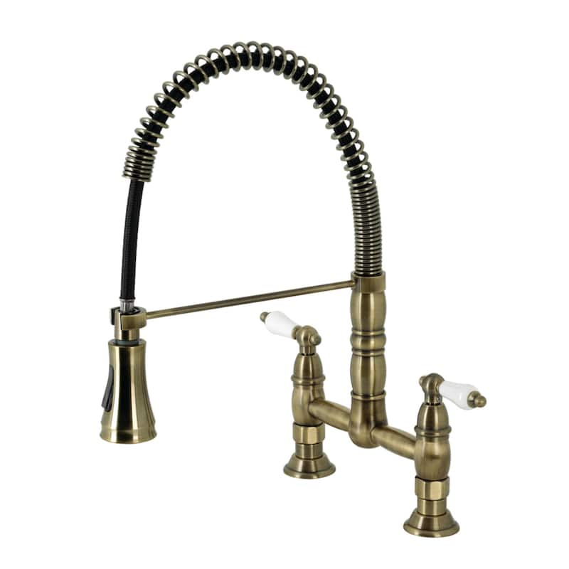 Kingston Brass Heritage Two-Handle Deck-Mount Pull-Down Sprayer Kitchen Faucet - Antique Brass