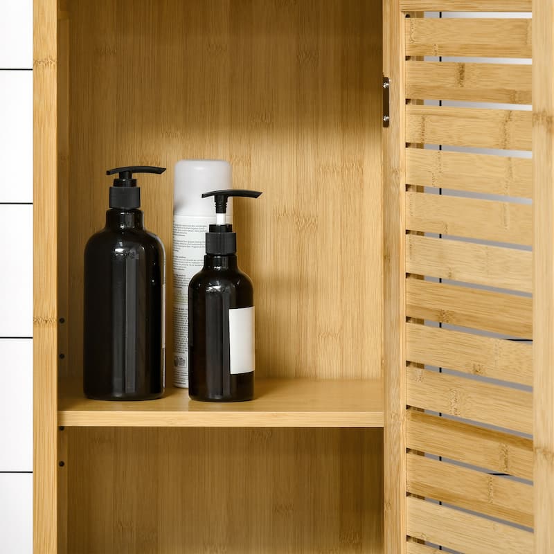 kleankin Bathroom Floor Cabinet with 3 Shelves and Cupboard, Slim and Freestanding Linen Tower with Storage, Natural