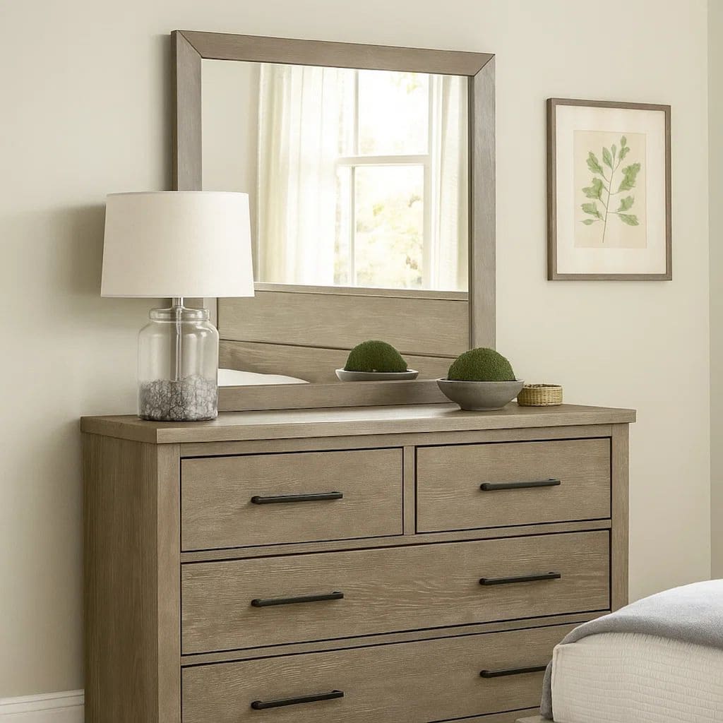 Wall Mirror with Wooden Frame and Grain Details, Natural Brown