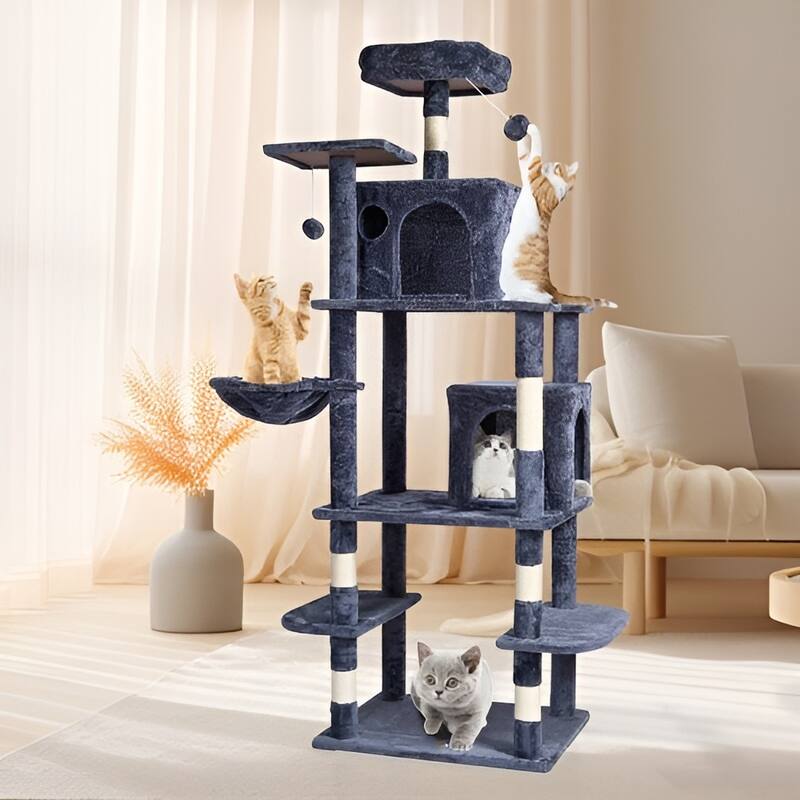 Dark Grey Plush 8-Layer Cat Tree with Condos, Hammock & Toys