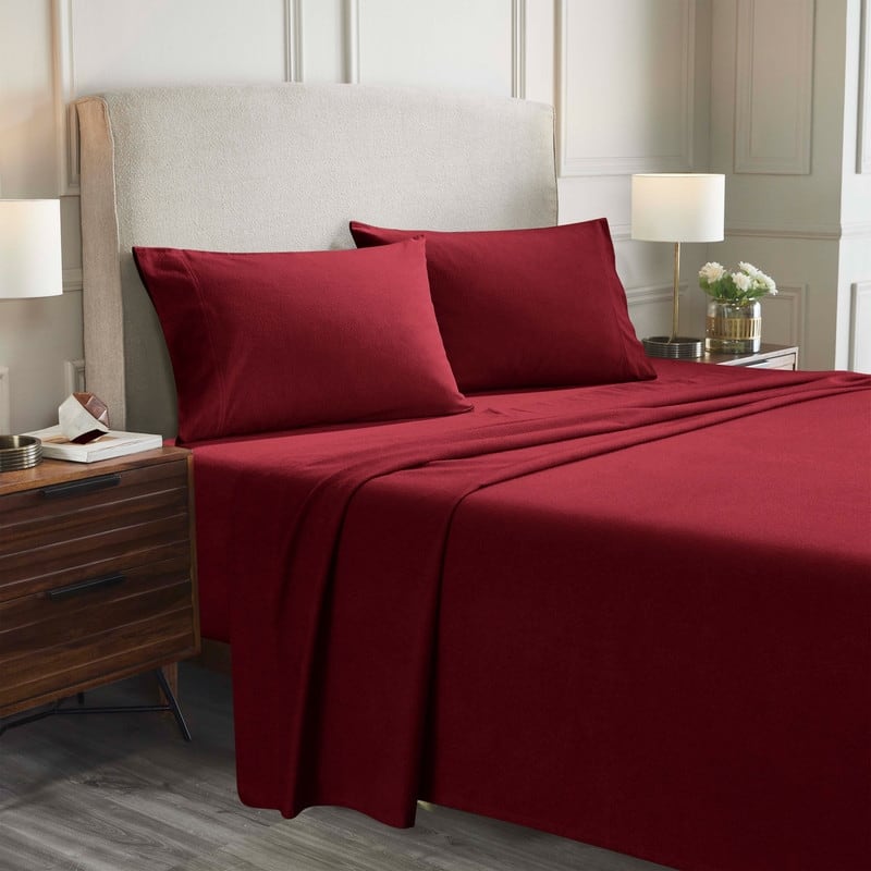 Superior Solid Flannel Cotton Fuzzy Deep Pocket Sheet Set - Burgundy - King