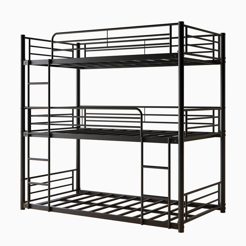 Black Twin Metal Bunk Bed with Trundle, Ladder, and Full-Length Guardrail