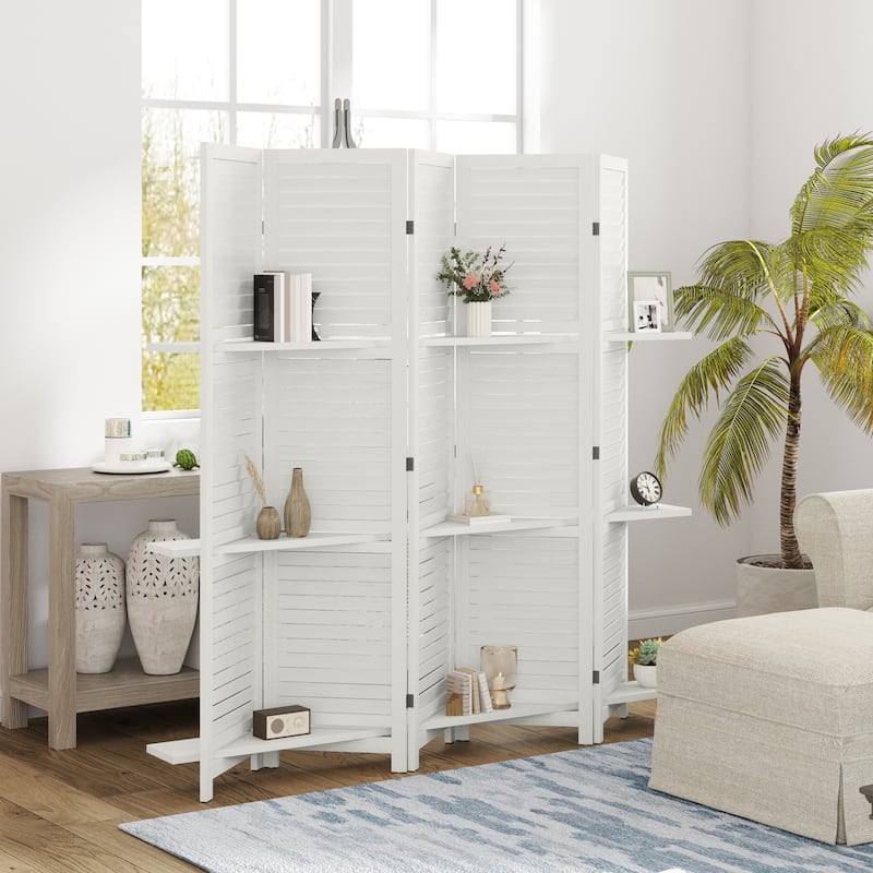 HOMCOM 5 Panel 67" Tall Wood Room Divider, Privacy Screen with 3 Display Shelves, and Folding Storage for Bedroom or Home Office - White