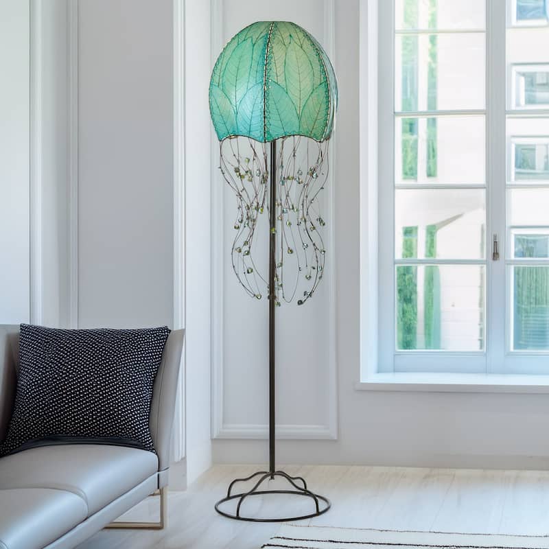 Handmade Jellyfish Large Floor Lamp, Cocoa Leaves Shade, 15 x 15 x 64 in.