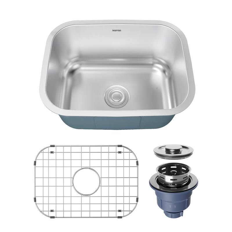 Karran Profile 23” Undermount 18 Gauge Single Bowl Stainless Steel Kitchen Sink with Accessories