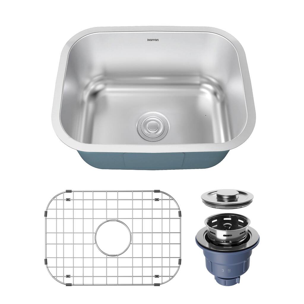 Karran Profile 23” Undermount 18 Gauge Single Bowl Stainless Steel Kitchen Sink with Accessories