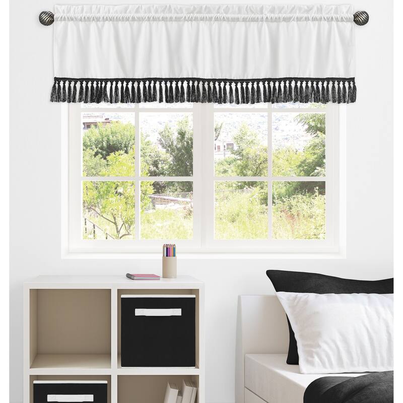 Sweet Jojo Designs Black and White Boy Girl Gender Neutral Unisex Window Curtain Valance Boho Stitch Farmhouse Bohemian Fringe