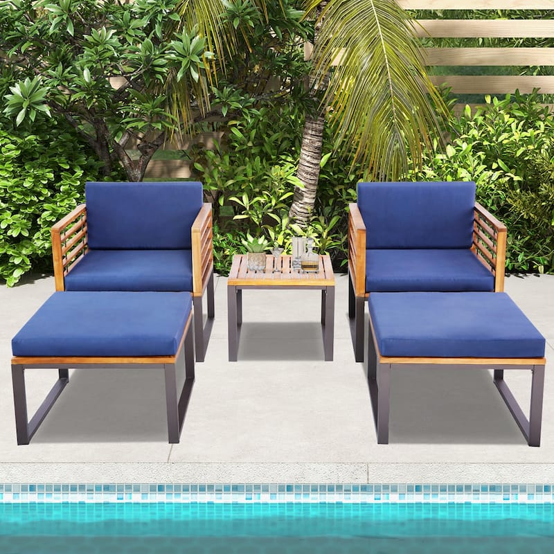 Costway 5pcs Patio Acacia Wood Cushioned Chair Ottoman Table Furniture - See Details - Navy, Natural and Black - See Details
