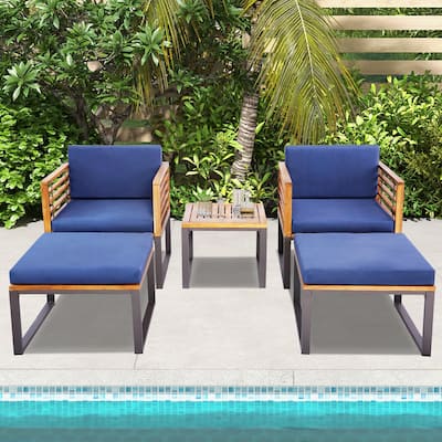 Costway 5pcs Patio Acacia Wood Cushioned Chair Ottoman Table Furniture - See Details