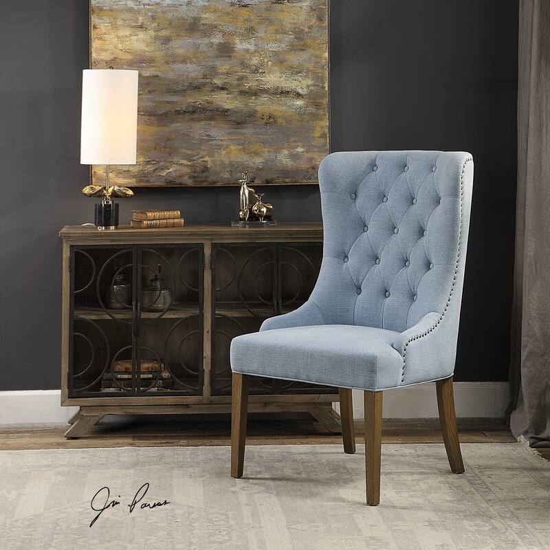 Rioni Light Blue Tufted Wing Chair with Bronze Nailhead Trim