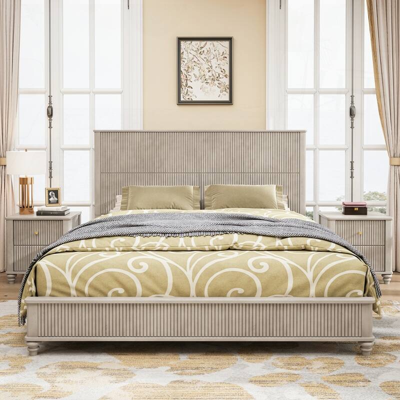 Solid Wood Bed Frame with Tall Headboard