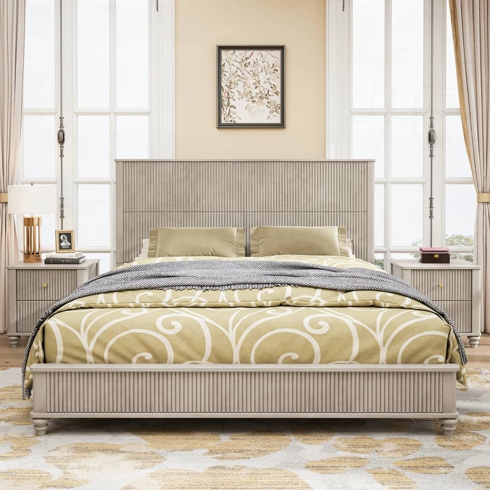 Solid Wood Bed Frame with Tall Headboard