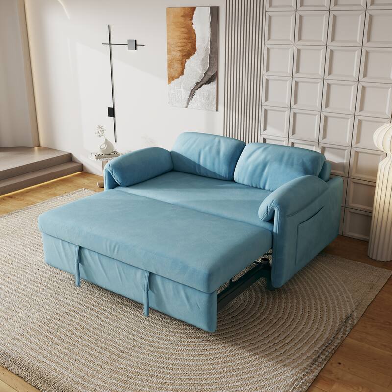 Sofa Showcase: 54" Velvet Blue Sofa Bed - A Dual-Purpose Living Room Gem with a Retractable Bed Option
