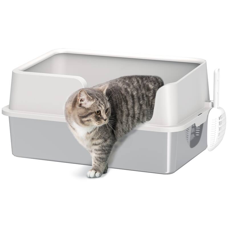PawHut Stainless Steel Litter Box, XL Enclosed Cat Litter Box with High Side, Scoop, Easy Cleaning & Anti-Urine Leakage - Cat - Grey