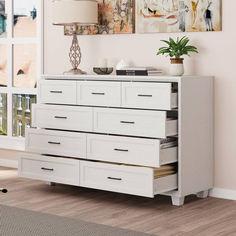 Modern 9-Drawer Dresser with Solid Wood Legs, Vintage Brown and White Wood Grain Options, Bedroom Storage Chest
