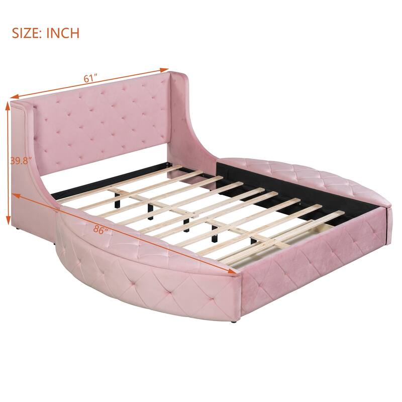 Roomfitters Queen Upholstered Platform Bed, Tufted Wingback Headboard, Velvet Frame, Storage Unit & Semicircular Stools
