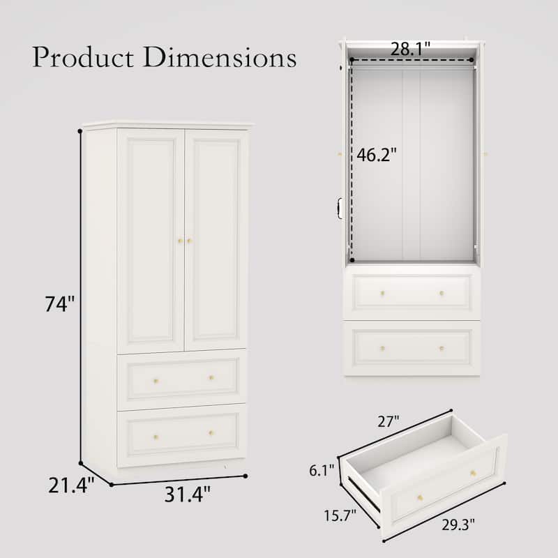 74" Armoire Wardrobe Closet with 2 Drawers for Bedroom