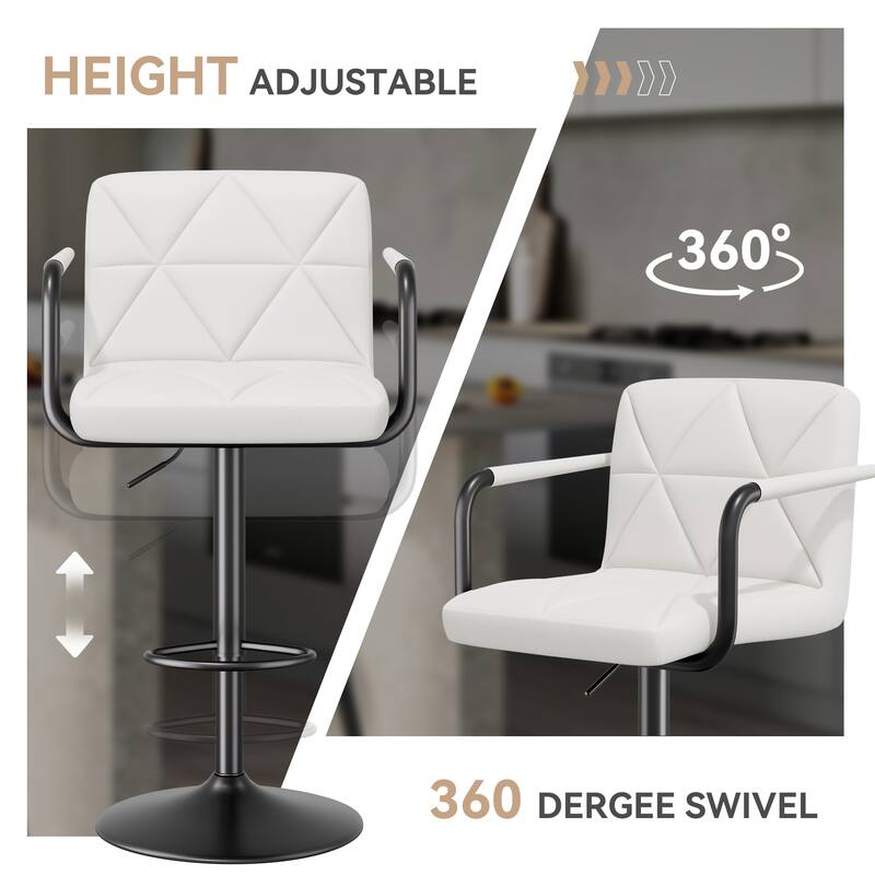 Modern Bar Stools Set of 2 Upholstered Faux Leather Barstools with Back and Arms Height Adjustable Bar Chairs