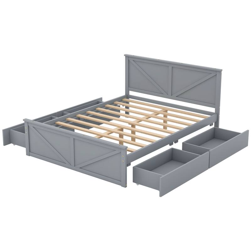 Queen Wooden Platform Bed with 4 Storage Drawers, Headboard, and Support Legs, Durable Pine Wood Frame