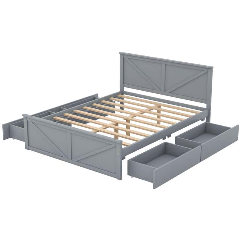 Wooden Platform Bed with Four Storage Drawers