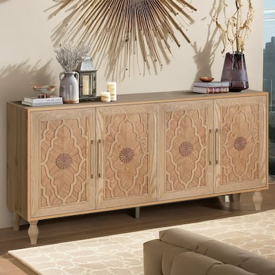 Emma Carved Flower Door Large Storage Sideboard Cabinet with Metal Handles by GDFStudio