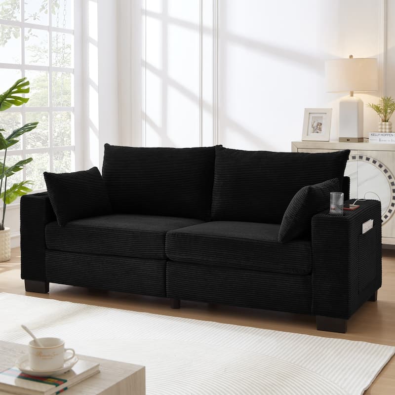78" Corduroy 3-Seater Sofa with USB Ports, Cup Holders and Side Pockets