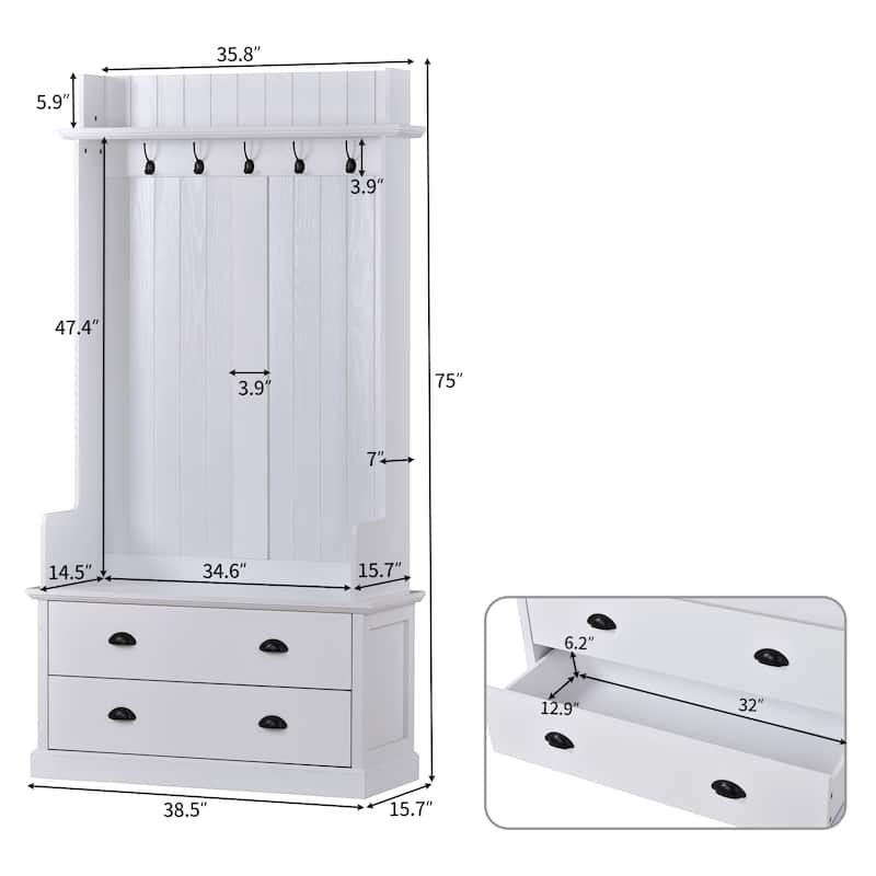 Coat Rack with Metal Hooks and Large Drawers， Metal drawer Handles - On ...