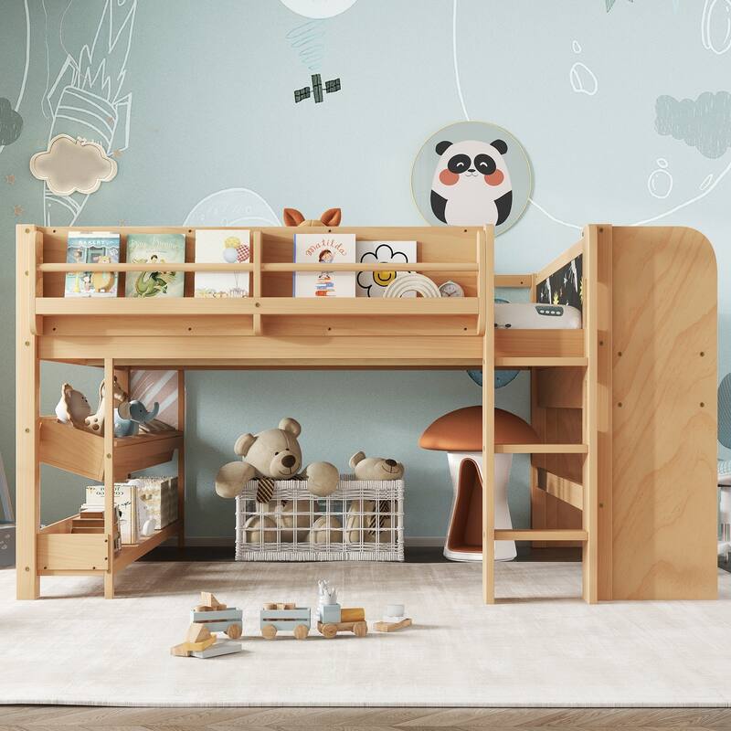 Full/Twin Size Loft Bed with Built-in Desk, Multi-Storage Bookcases & Blackboard, Solid Wood Low Loft Bed Frame