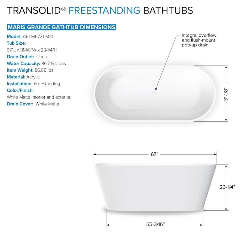 Transolid K-AFTM6731-M31 Maris Grande 67" Free Standing Acrylic