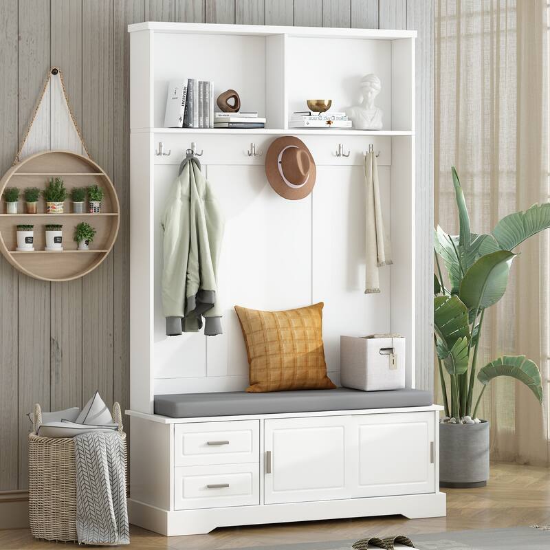 Hall Tree with Sliding Doors, Versatile Coat Rack with 6 Hooks & Handles, Mudroom Upholstered Bench Cabinet w/ Shoe Storag - White