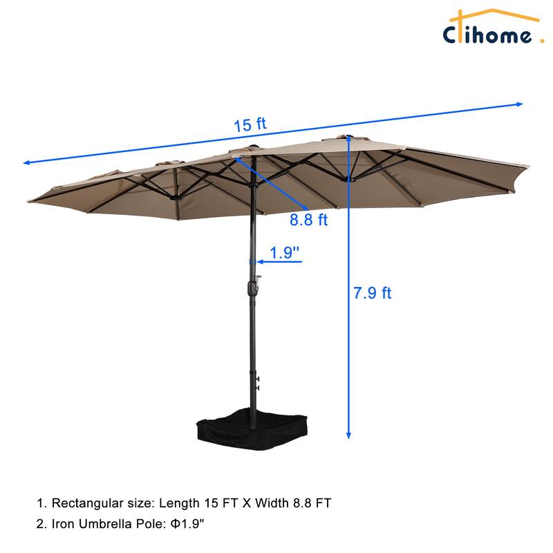 Clihome 15 Ft Outdoor Rectangular Crank Market Umbrella with Base