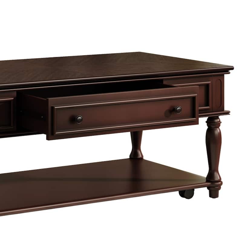 Farmhouse Coffee Table with One Drawer,Solid Wood Legs and Lockable Wheels